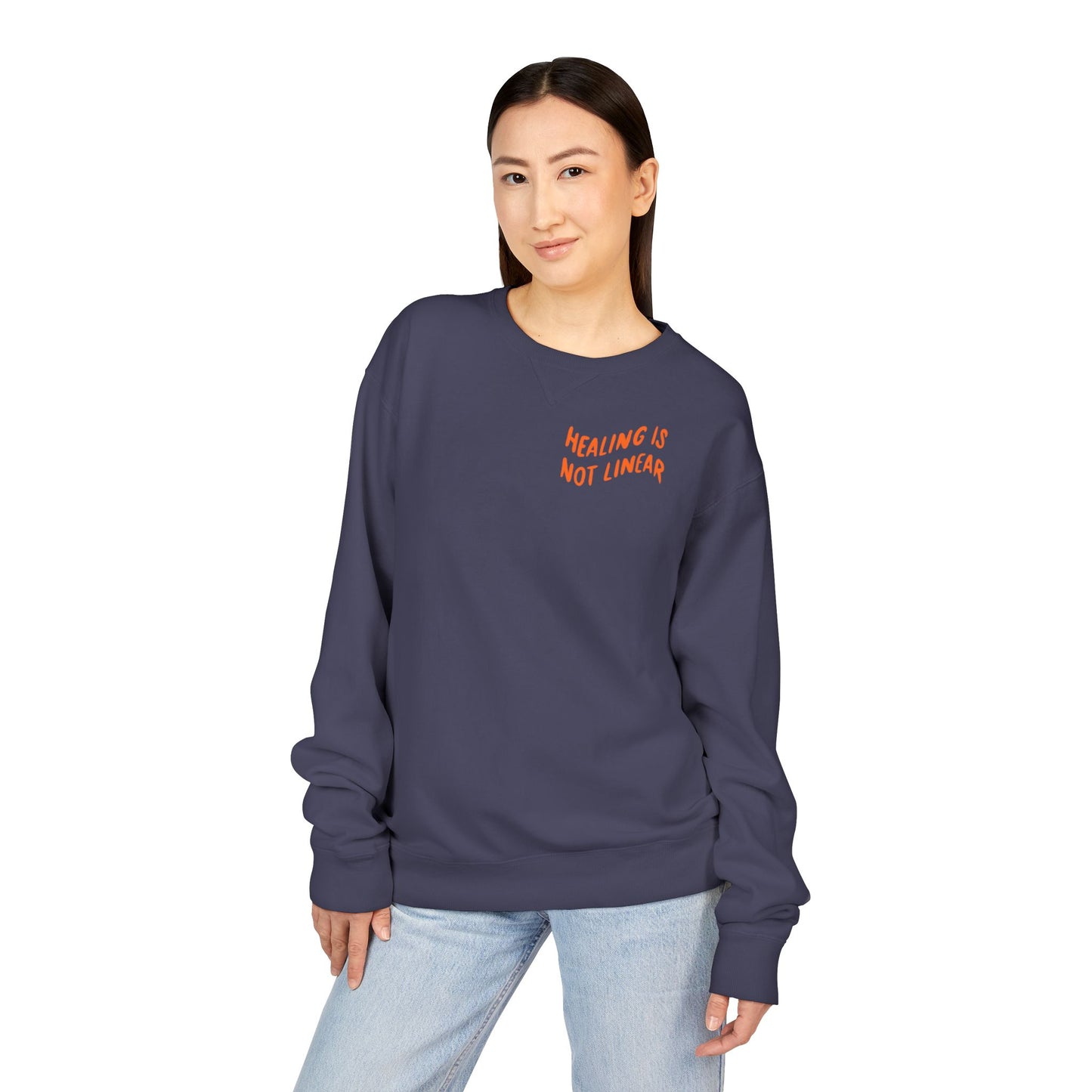 Healing Is Not Linear Crewneck - Orange and Pink Writing