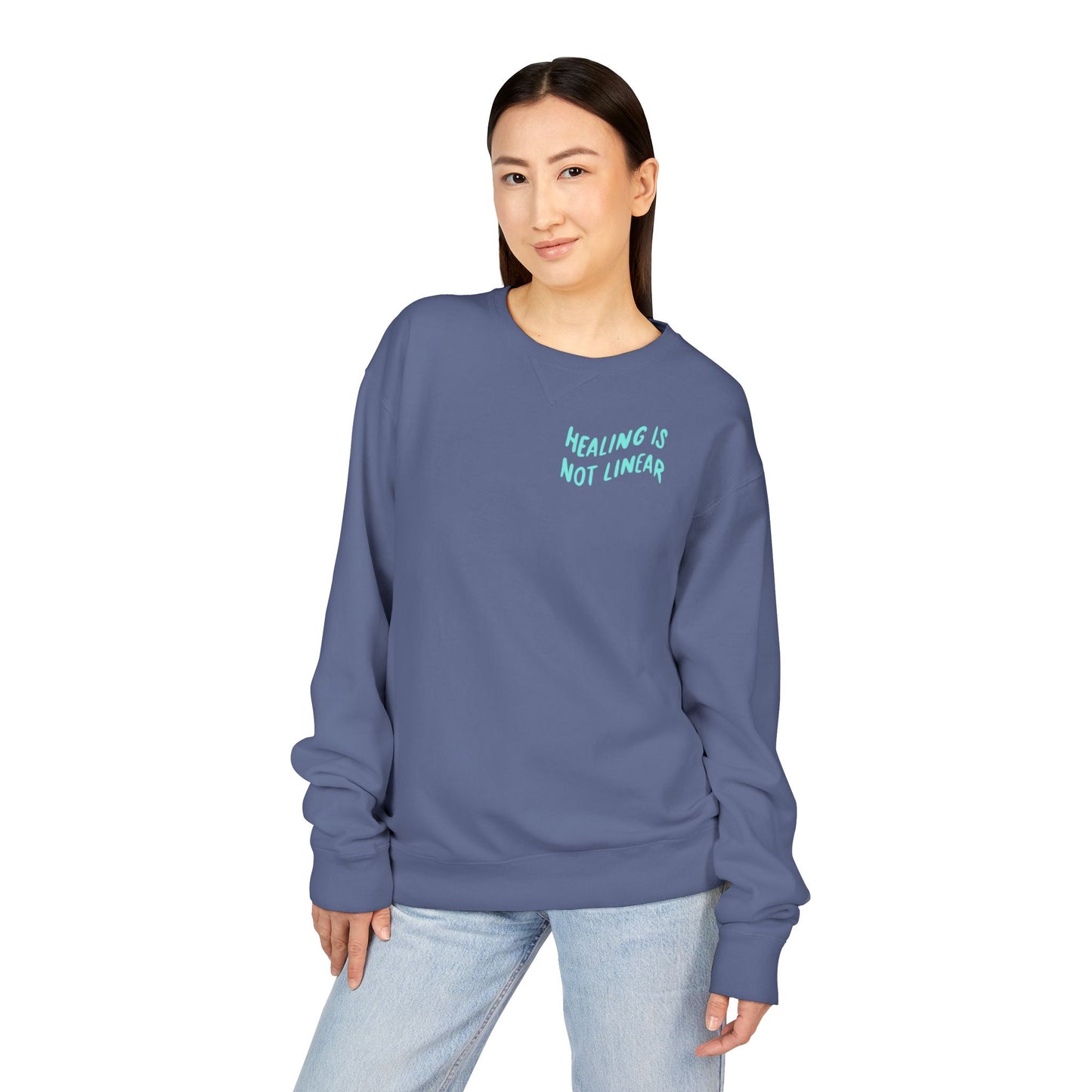Healing Is Not Linear Crewneck - Teal and Pink Writing
