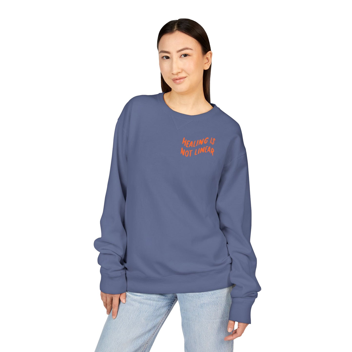 Healing Is Not Linear Crewneck - Orange and Pink Writing